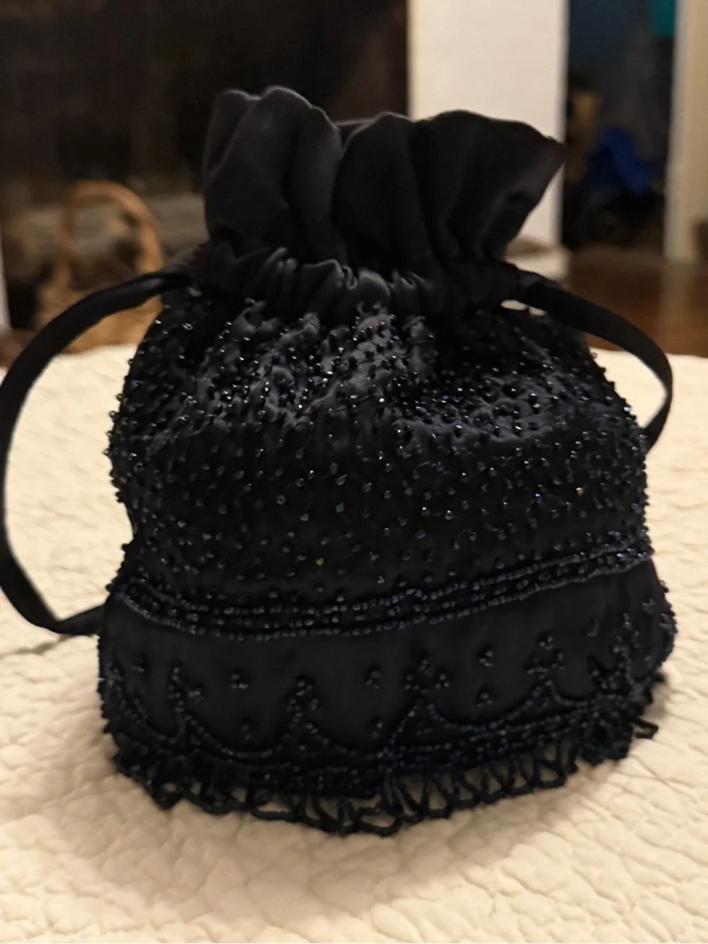 Black Drawstring Evening Pouch with sparkling black beading, Unbranded. 8” X 7”